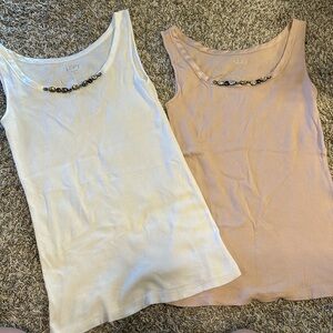 LOFT ribbed beaded tank top bundle white and light pink,silky trim around collar